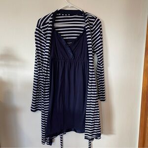 Motherhood Maternity Navy and White Striped Robe and Nightgown set - size L